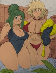 2girls big_breasts bikini blonde_hair boku_no_hero_academia breasts color color_edit colored colored_sketch female green_eyes green_hair inko_midoriya long_hair milf milfs mitsuki_bakugou mother mothers my_hero_academia oddabellatay red_bikini short_hair todd_l._milhouse