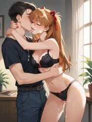 1boy 1girls ai_generated asuka_langley_sohryu bed bedroom bra breasts cum_in_mouth cum_on_breasts cum_on_face female hug kissing male netorare panties snowballing standing