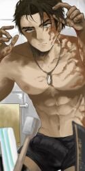 1boy bathroom big_bulge black_underwear blue_eyes brown_hair bulge dog_tag erection j_(reverse:1999) joe_brown male muscular muscular_male pixiv reverse:1999 scar_on_face scars short_hair touching_own_hair