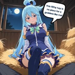 ai_generated annoyed aqua_(konosuba) blue_dress blue_hair hay kono_subarashii_sekai_ni_shukufuku_wo! moonlight night pov purple_eyes speech_bubble stable thigh-high_boots