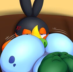 2025 absurd_res annoyed ass axel_the_bulbasaur axel_the_tepig big_butt bulbasaur butt_in_face cross-popping_vein duo facesitting feral furniture generation_1_pokemon generation_5_pokemon hi_res male male/male motion_lines nintendo nude on_sofa onomatopoeia pokemon pokemon_(species) rubbing_butt_in_face sitting sitting_on_another sitting_on_sofa sofa sound_effects tepig tepigfan101 text