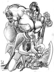 arrow axe big_muscles braid breasts cleavage female head_between_breasts huge_breasts jed_dougherty large_breasts long_hair male monochrome muscles muscular muscular_female thighs weapon