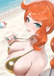 aqua_eyes aqua_nails ball bare_shoulders beachball bikini blush breasts chesshiire cleavage collarbone female gen_1_pokemon gold_bikini green_eyes hair_ornament heart heart_hair_ornament highres large_breasts long_hair looking_at_viewer nintendo orange_hair pokemon pokemon_(creature) pokemon_ss side_ponytail smile solo sonia_(pokemon) staryu swept_bangs swimsuit wavy_hair