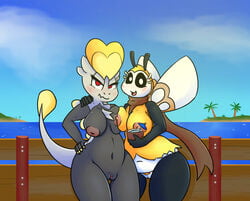 2girls 5_fingers anthro areolae arthropod beach bee belly beverage black_eyes black_sclera blush breasts coconut dragon eyelashes fairy female food fruit half-closed_eyes hand_on_hips holding iguanasarecool insect insects island jangmo-o navel nintendo nipples nude open_mouth outdoors outside pokémon_(species) pokemon pokemon_sm pussy red_eyes ribombee scalie scarf sea seaside slightly_chubby standing thigh_gap tree video_games water wide_hips wings