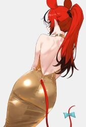 absurdres alternate_costume alternate_hairstyle animal_ears ass back backless_dress backless_outfit black_hair blue_eyes bluefield bow clothing_cutout colored_tips commentary dress female from_behind gold_dress golden_week hakos_baelz high_ponytail highres hololive hololive_english long_hair looking_at_viewer looking_back median_furrow mouse_ears mouse_girl mouse_tail multicolored_hair ponytail red_hair simple_background sleeveless sleeveless_dress solo streaked_hair symbol-only_commentary tail tail_bow tail_ornament tail_through_clothes virtual_youtuber white_hair