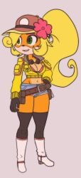 belt black_legwear blonde_female blonde_hair breast_pocket brown_eyebrows cindy_aurum_(cosplay) cleavage coco_bandicoot crash_(series) dog_nose female final_fantasy final_fantasy_xv flower_ornament goggles green_eyes grey_background gummidx hand_on_hip jean_shorts jeans kneehighs midriff orange_fur pink_bikini_top pink_eyeshadow ponytail pouch tagme trucker_hat white_boots yellow_jacket