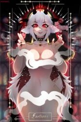 bell_collar belly_button big_breasts black_fingernails clever_censor collar cult_of_the_lamb devil_horns faelions red_eyes spiked_collar tongue_out vtuber white_hair wide_hips