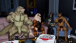 3d_(artwork) absurd_res alcohol andromorph anthro arcanine ass balls bear beard beer beer_gut beverage black_body black_fur black_hair blender_(artwork) blender_cycles bodily_fluids body_hair brown_body brown_fur brown_hair butt_grab collar collar_tag container digital_media_(artwork) dildo dripping facial_hair fur furry generation_1_pokemon genital_fluids genitals group hair hand_on_butt haplorhine henry_harris_baxter hi_res intersex intersex/male latex leaking_precum lizard lizardman male mammal monkey moustache multiple_piercings musclegut muscular muscular_anthro muscular_male night nintendo orange_body orange_fur penis piercing pizza_box pokemon pokemon_(species) precum precum_drip precum_on_penis precum_string primate pussy reptile roek_(suchmim) scalie service sex_toy sitting smile smirk spirit(paw) spiritpaw striped_body striped_fur stripes substance_intoxication teeth_showing voyeur watching_television white_body white_fur