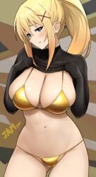 bikini black_shirt blonde_hair blush breasts cleavage clothes_lift commentary_request darkness_(konosuba) embarrassed female gold_bikini gold_panties hair_between_eyes hair_ornament highres jampen kono_subarashii_sekai_ni_shukufuku_wo! large_breasts long_hair looking_at_viewer navel panties ponytail shirt shirt_lift sidelocks solo standing swimsuit underwear x_hair_ornament yellow_panties