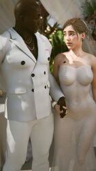 1boy 1boy1girl 1girls 3d bridal_veil bride brown_hair clothed clothed_female clothed_male couple couple_(romantic) curvy curvy_figure dark-skinned_male dark_skin earrings ellie_(the_last_of_us) ellie_williams female hand_holding holding_hands interracial interracial_couple looking_at_another male married married_couple married_female medium_breasts necklace nipple_bulge nipples_visible_through_clothing qos qos_tattoo queen_of_spades see-through see-through_clothing standing taikakettu the_last_of_us the_last_of_us_2 twitter_link twitter_username wedding wedding_dress wedding_veil wide_hips