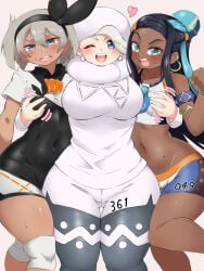 3girls armlet bare_arms bea_(pokemon) belly_chain black_bodysuit black_hair black_hairband blue_eyes blue_eyeshadow blue_hair bodysuit bodysuit_under_clothes bow_hairband breasts cameltoe crop_top dark-skinned_female dark_skin earrings embarrassed eyeshadow fur_collar gloves grabbing_another's_breast grey_eyes grey_hair groping gym_shorts hair_between_eyes hair_bun hairband hat highres hoop_earrings jewelry knee_pads large_breasts long_hair long_sleeves makeup mature_female medium_breasts melony_(pokemon) midriff multicolored_hair multiple_girls navel necklace nessa_(pokemon) nintendo one_eye_closed open_mouth pantyhose pantyhose_under_shorts pearl_earrings penguin_maru_(penginmaru) plump pokemon pokemon_ss pokemon_swsh print_shorts raised_eyebrows shirt short_hair short_sleeves shorts side_slit side_slit_shorts single_glove single_hair_bun sleeveless smile sports_bra streaked_hair sweat sweater teeth tied_shirt two-tone_hair upper_teeth_only ushanka v-shaped_eyebrows white_hat white_sweater