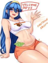 1girls anisdrawn artist_name blue_eyes blue_hair blush female female_only fire_emblem fire_emblem_awakening hooters hooters_uniform light-skinned_female light_skin long_hair looking_at_viewer lucina_(fire_emblem) money money_under_clothes navel open_mouth short_shorts shorts tiara watermark white_background