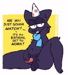 1boy animal_ears animal_genitalia animal_penis animated birthday dark_blue_fur furry furry_male furry_only gay looking_at_viewer male male_focus male_only masturbation original original_character party_hat penis scarf stroking stroking_cock stroking_penis testicles thatguynamedjoe
