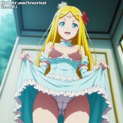 ai_generated blonde_hair blue_dress blue_eyes breasts cameltoe crown dress_lift inoriai nipples overlord overlord_(maruyama) renner_theiere_chardelon_ryle_vaiself smile white_panties
