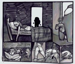 1boy 1girls 2024 among_us anus anus_peek ass asshole balls bed comic_strip crewmate_(among_us) extinctyellow female floating_hands genitals hand_on_butt imminent_penetration imminent_rape imminent_sex innersloth lying lying_on_bed lying_on_stomach male monochrome panties pants_down penis sleeping small_penis smaller_male thin_female very_long_hair waking_up watermark