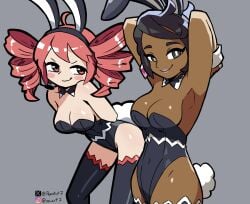 2girls black_hair bunny_ears bunnysuit cleavage dark-skinned_female dark_skin drill_hair female female_only kasane_teto light-skinned_female microphone olivia_(pokemon) pepeart pokemon pokemon_sm red_hair short_hair thighhighs vocaloid