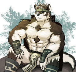 2017 5_fingers animal_ears anthro bandana barely_visible_genitalia black_fur bulge canine clothing furry furry_only hi_res horkeukamui kemono loincloth male male_only mammal muscular one_eye_closed simple_background sitting solo subtle_penis tokyo_afterschool_summoners two_tone_fur white_fur wolf wulfer-shepherd