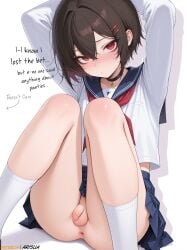 1boy 2025 ai_generated anime anime_style anus arisua artist_name bangs black_hair blush breath caption choker clothed crossdressing femboy hairclip high_quality high_resolution looking_at_viewer male male_only midriff nervous no_panties otoko_no_ko patreon patreon_username penis perfect_body precum red_eyes school_uniform shy small_penis solo solo_focus sweat thick_thighs thighs trap upskirt watermark