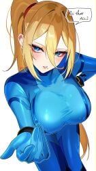 absurdres blonde_hair blue_bodysuit blue_eyes blush bodysuit breasts english_text female hair_between_eyes high_ponytail highres large_breasts long_bangs long_hair metroid mole mole_under_mouth nintendo parted_lips ponytail reaching reaching_towards_viewer samus_aran simple_background solo speech_bubble very_long_hair white_background yasaikakiage zero_suit