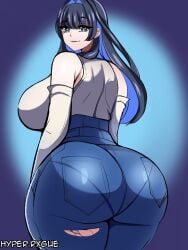 1girls ass big_ass big_breasts black_hair blue_highlights breasts bubble_butt clothing dat_ass fat_ass female female_only hololive hololive_english huge_ass hyperrxgue jeans large_ass long_hair looking_at_viewer looking_back massive_ass ouro_kronii pants pantylines shirt solo thick_ass thick_thighs virtual_youtuber wide_hips