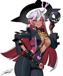 1girls absurdres alternate_color belt_buckle black_choker black_halo black_jumpsuit breasts broken_halo buckle choker cleavage colored_inner_hair dark-skinned_female dark_skin female grey_hair guilty_gear guilty_gear_strive halo hand_on_own_hip highres holding holding_mask jack-o'_valentine jumpsuit light_smile long_hair looking_at_viewer mask multicolored_hair red_eyes red_hair white_hair zeon_(zzeeonn)