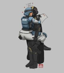 1boy1girl 1girls armor ass ass_grab blonde_hair breastplate breasts c-01_permit cape clothed english_text female fully_clothed heart helldiver_(helldivers) helldivers helldivers_2 helmet leg_lock lifting_person male nervous ony01 seaf-chan seaf_soldier_(helldivers) soldier straddling straight sweatdrop upright_straddle