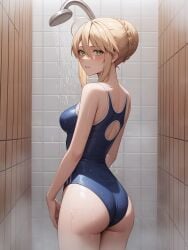 saber school_swimsuit shower standing wet