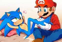 2boys ai_generated barefoot blush clothed_male_nude_male collar foot_fetish hand_on_leg male male/male male_only mario mario_(series) massage nintendo on_back sega sonic_(series) sonic_the_hedgehog sonic_the_hedgehog_(series) yaoi yaoinami