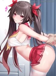 1boy alternate_costume anger_vein ass bratty_correction breasts brown_hair correction cropped_shirt female from_side gabriel_evangel grabbing_another's_arm grabbing_from_behind heart highres honkai:_star_rail honkai_(series) imminent_rape indoors leaning_forward male medium_breasts microskirt no_panties paid_reward_available purple_eyes red_skirt skirt sparkle_(honkai:_star_rail) thighhighs twintails underboob white_thighhighs