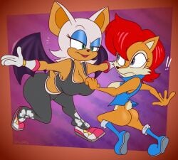 abstract_background anthro archie_comics ass bat bent_over big_breasts black_wings blue_eyes boots bottomless breasts brown_body brown_fur casual_clothing chipmunk cleavage clothed clothing digital_drawing_(artwork) digital_media_(artwork) duo exclamation_point eyelashes eyeshadow female flying footwear fur gavanzude glistening glistening_butt gloves ground_squirrel handwear hi_res lipstick makeup mammal red_hair rodent rouge_the_bat sally_acorn sciurid sega shirt shoes signature smug sonic_(series) sonic_the_hedgehog_(archie) sonic_the_hedgehog_(comics) sonic_the_hedgehog_(series) surprised_expression tan_body tank_top teal_eyes topwear vest white_body white_fur wide_hips wings