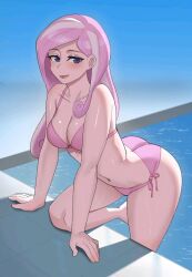 1girls 2025 2d 5_fingers ass bikini blue_eyes blurry_background cleavage deviantart_link digital_drawing_(artwork) digital_media_(artwork) equestria_girls female fleur_de_lis_(eg) fleur_de_lis_(mlp) friendship_is_magic hasbro human humanized_pony iojknmiojknm light-skinned_female looking_at_viewer my_little_pony no_ai one_leg_up open_mouth pink_bikini pink_bra pink_hair pink_panties pool shiny_skin side-tie_panties solo thick_thighs thighs two-tone_hair water wet_body