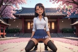 1girls :d ai_generated architecture artist_name ass_visible_through_thighs black_hair black_thighhighs blue_skirt breasts brown_eyes cherry_blossoms dark-skinned_female dark_skin day earclip east_asian_architecture fangs full_body hair_ornament hairclip hayase_nagatoro hi_res kneeling loafers long_hair looking_at_viewer medium_breasts nagatoro_hayase no_panties open_mouth outdoors peeing petals please_don't_bully_me,_nagatoro pleated_skirt public_indecency pussy r34arts school_uniform shirt shoes skirt smile solo squatting tan teeth thighhighs tongue tree uncensored white_shirt