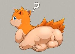 absurd_res anus ass balls blue_eyes darrow0 feet fur generation_2_pokemon genitals grey_background hi_res looking_at_viewer lying male nintendo orange_body orange_fur pokemon pokemon_(species) question_mark quilava rear_view simple_background yellow_eyes yuel