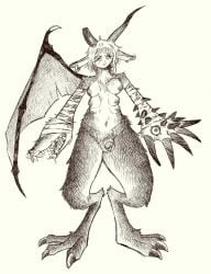 anthro areola bandage bandaged_arm barefoot bodily_fluids bonnie_guerra broken_horn claws digitigrade drooling ear_piercing ear_ring eye_on_hand facial_piercing feet futanari genital_piercing genitals gynomorph hi_res horn intersex looking_at_viewer membrane_(anatomy) membranous_wings monochrome monster mouth_on_hand multi_nipple navel nipples nose_piercing notched_wings one_wing penis penis_piercing piercing ring_piercing saliva shaggy_hair sharp_teeth small_penis smile solo spikes spikes_(anatomy) standing teeth unusual_anatomy wings