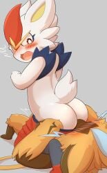 2025 anthro anthro_on_anthro ass blush bottomwear bottomwear_down cinderace clothed clothing duo facesitting fingers fur generation_7_pokemon generation_8_pokemon hi_res kneeling legendary_pokemon lying nintendo on_back pants pants_down partially_clothed pink_tongue pokemon pokemon_(species) popkage sitting_on_another straddling tail tongue white_arms white_back white_body white_butt white_ears white_fingers white_fur white_hands white_tail yellow_body yellow_fur zeraora