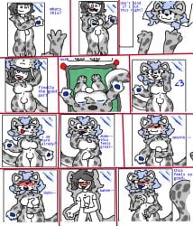 absurd_res animate_inanimate anthro blue_eyes blue_hair breast_grab breast_play breasts clothing comic costume dialogue digital_media_(artwork) felid flipnote_studio_(artwork) fursuit futanari gender_transformation genitals hair hand_on_breast hi_res humanoid intersex intersex/male living_clothing male male/male mammal masturbation mirror moxxiecd pantherine snow_leopard solo suit tail takeover text tongue tongue_out transformation