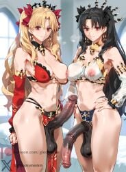 2futas ai_generated black_hair blonde_hair breasts covered_nipples duo erection ereshkigal_(fate) fate/grand_order fate_(series) flaccid futanari gloomyme harem_outfit horse_penis horsecock horsecock_futa horsecock_futanari horsecock_on_humanoid ishtar_(fate) jewelry large_breasts looking_at_viewer medium_breasts navel nipples nipples_visible_through_clothing patreon_username penis red_eyes standing symmetrical_docking testicles twitter_username veiny_penis watermark