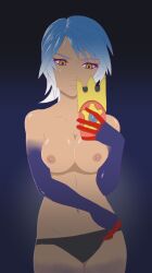 aqua_(kingdom_hearts) belly belly_button black_arms blue_background blue_hair breasts cameltoe collarbone corruption cropped cropped_legs functionally_nude functionally_nude_female glistening glistening_body gummidx kingdom_hearts kingdom_hearts_iii light-skinned_female light_skin medium_breasts red_fingers scowl short_hair simple_background sony_interactive_entertainment tagme thighs topless two_tone_hair yellow_eyes