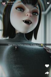 1boy 1girls 3d 3d_(artwork) black_hair black_hair_female clothed clothed_female fangs giantess hotel_transylvania human human_male krieginax light-skinned_female light-skinned_male light_skin mavis_dracula micro micro_male monster monster_girl pale-skinned_female pale_skin shrunk shrunken_male social_media vampire vampire_fangs vampire_girl