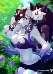 anthro blush bovid breast_grab breasts canid canine canis caprine clothed clothing female fleet-foot fur hand_on_breast kindred lamb_(league_of_legends) league_of_legends mammal mask riot_games sheep tencent tongue white_body white_fur wolf wolf_(league_of_legends)