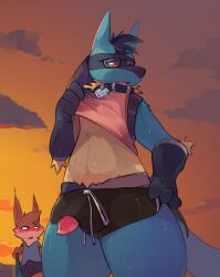 anthro biped black_body black_fur blue_body blue_fur blue_tail blush blush_lines bodily_fluids bottomwear brown_body brown_fur bulge clothed clothing clothing_lift cloud detailed_background detailed_bulge duo erection erection_through_clothing eyewear fur furry generation_4_pokemon genitals glasses hand_on_hip hi_res hollow_eyes looking_at_another lucario male nintendo open_mouth penis penis_poking_out pokemon pokemon_(species) red_eyes riot_games shirt shirt_lift shorts smite_(artist) standing sunset sweat tail tan_body tan_fur tencent tongue topwear wearing_glasses