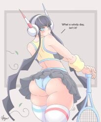 big_breasts black_hair blue_eyes blue_panties blush_lines breasts bubble_butt chrissursilversoul elesa_(pokemon) english_text fat_ass female looking_back nintendo panties pokemon pokemon_bw simple_background skirt_lift talking_to_viewer tennis tennis_racket thick_ass thick_thighs upskirt wind_blowing_skirt wind_lift