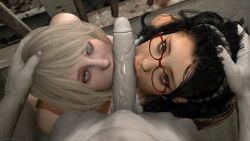 1boy 2girls 3d ashley_graham ashley_graham_(ella_freya) big_penis black_hair blonde_hair crossover dantesfm devil_may_cry devil_may_cry_5 female hand_on_head image licking_penis looking_at_viewer male nicoletta_goldstein pov pov_male resident_evil resident_evil_4_remake