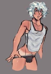 bulge bulge_through_clothing femboy gay kedrusha male male_only no_nude oc purple_eyes tan_body tan_skin tank_top tanline underwear white_hair