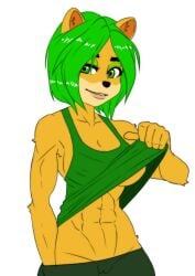 abs ami_bandicoot animal_ears anthro big_breasts breasts cameltoe cleavage dog_nose female furry_ears furry_female green_clothing green_eyes green_eyeshadow green_hair green_pants green_topwear gummidx lifting_shirt muscular muscular_anthro muscular_arms muscular_female orange_fur tagme white_background