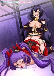 2girls barefoot black_hair breasts cure_magical dark_magical_girl defeated_heroine feet female_only hiiragi_utena izayoi_liko izayoi_riko light-skinned_female light_skin magia_baiser magical_girl mahou_girls_precure! mahou_shoujo_ni_akogarete nipples precure pretty_cure purple_hair strap-on the_dark_mangaka toei_animation