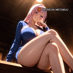 ai_generated bare_legs blue_eyes blush breasts cleavage crossed_legs fate/grand_order feet_out_of_frame female from_below grin large_breasts long_hair looking_at_viewer meitabuu miyamoto_musashi_(fate) parted_lips pink_hair sitting smile solo thick_thighs thighs