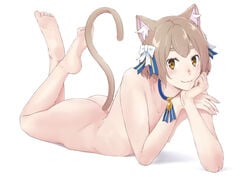 1boy :3 amber_eyes animal_ears arm_support ass bangs barefoot blush bob_cut bow brown_eyes brown_hair cat_ears cat_tail catboy chin_rest choker completely_nude eyelashes felix_argyle femboy fingernails girly h-itokuzo hair_ribbon hairbow jewelry looking_at_viewer lying male male_only nipples nude on_stomach parted_bangs pendant raised_eyebrows re:zero_kara_hajimeru_isekai_seikatsu ribbon seductive shiny shiny_skin short_hair simple_background smile soles solo striped tail the_pose thick_eyebrows toes trap white_background