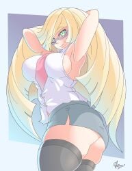 armpits arms_behind_head arms_up big_breasts blonde_hair bubble_butt green_eyes looking_down lusamine_(pokemon) nintendo no_panties office_clothing office_lady pokemon round_breasts simple_background smile thick_thighs tie wide_hips