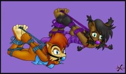 3_toes anthro archie_comics ball_gag barefoot black_body black_fur black_hair blue_eyes bondage bottomless bound brown_body brown_fur brown_hair chipmunk clothed clothing digital_creature duo feet felid feline female fur gag green_eyes ground_squirrel hi_res jazzax looking_at_viewer lynx mammal multicolored_body multicolored_fur nicole_the_lynx purple_background restraints rodent rope rope_bondage sally_acorn sciurid sega simple_background soles sonic_(series) sonic_the_hedgehog_(archie) sonic_the_hedgehog_(comics) sonic_the_hedgehog_(series) toe_restraints toes toes_tied